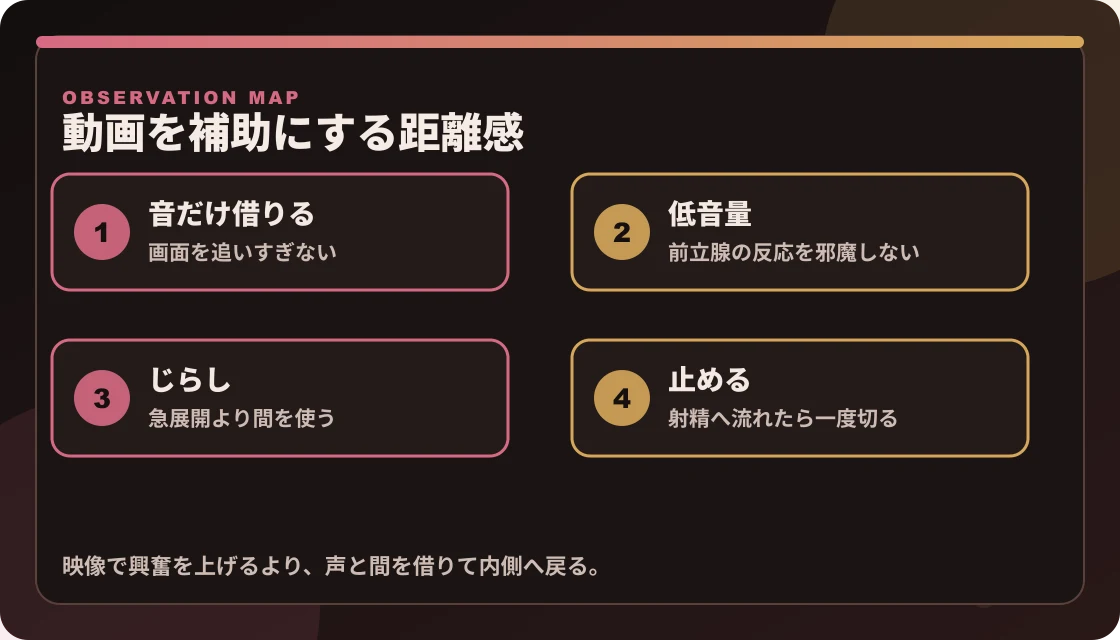 FANZA動画をドライオーガズム補助に使う距離感を、音だけ借りる、低音量、じらし、止めるに分けた図解